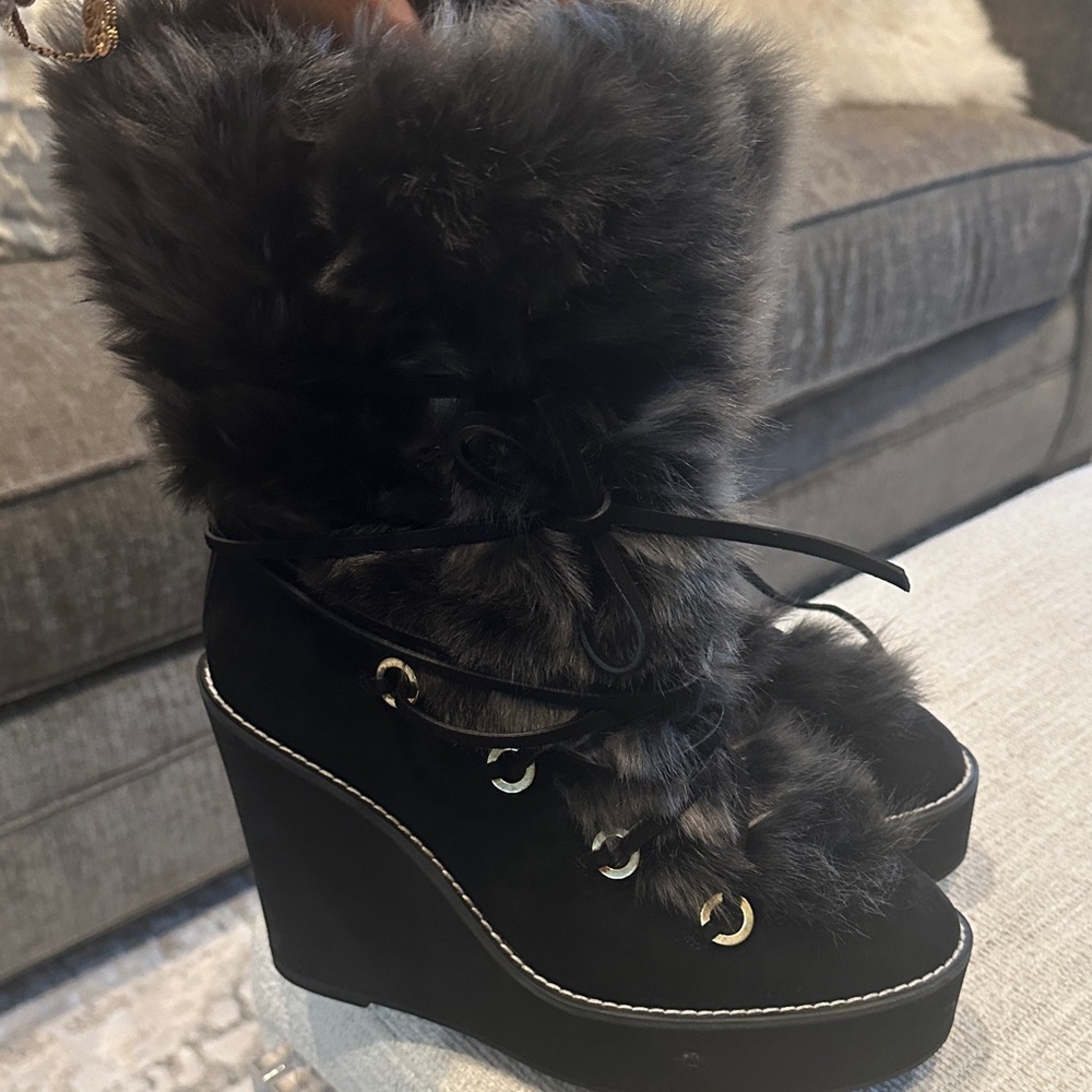 Stuart Weitzman Black Fur Lace-Up Wedge Boots